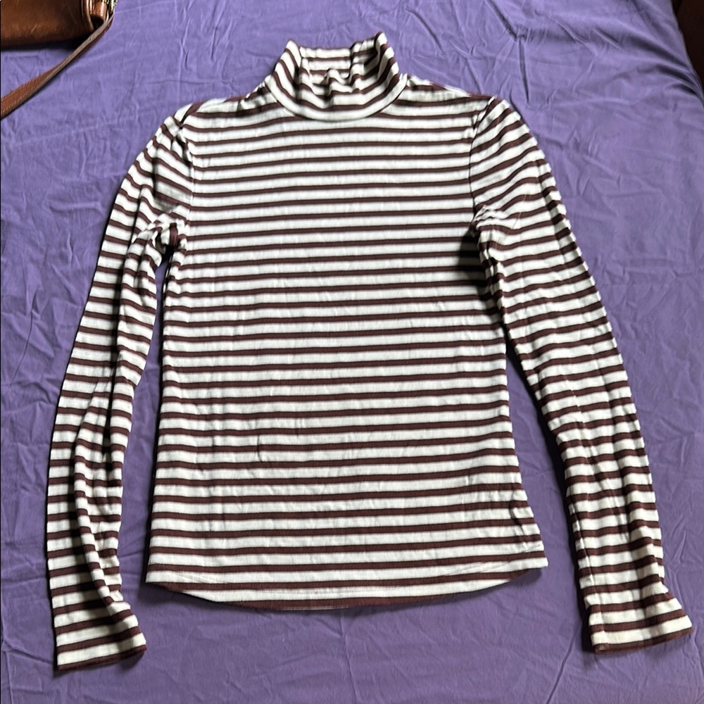 & Other Stories Cream and Brown Ribbed Fitted Long Sleeve Top